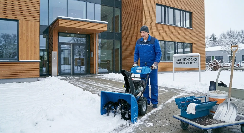 Ein Hausmeister führt den Winterdienst vor einem Gebäude durch.