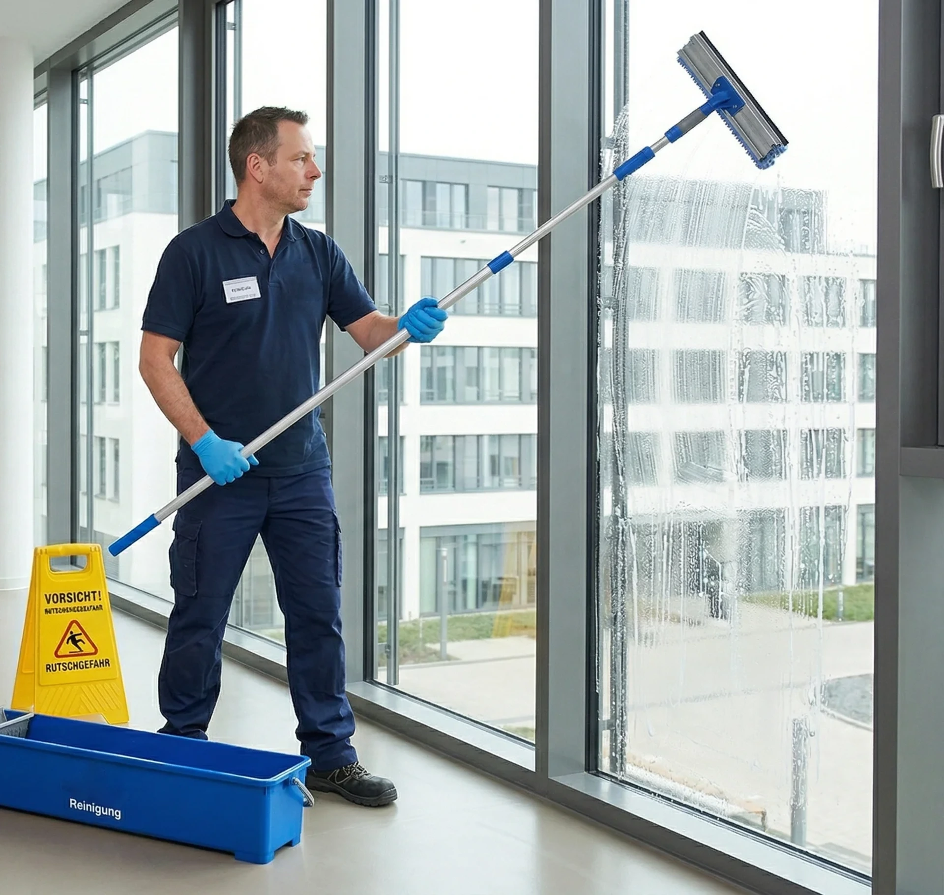 Mitarbeiter einer Gebäudemanagement-Firma reinigt die Fenster in einem Büro.