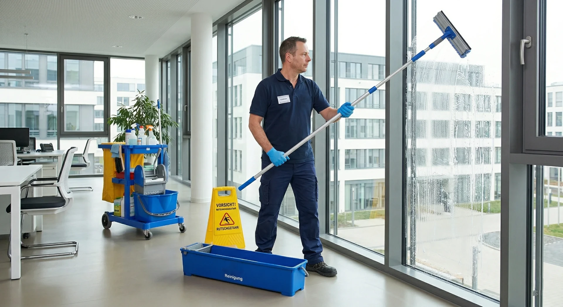 Mitarbeiter einer Gebäudemanagement-Firma reinigt die Fenster in einem Büro.