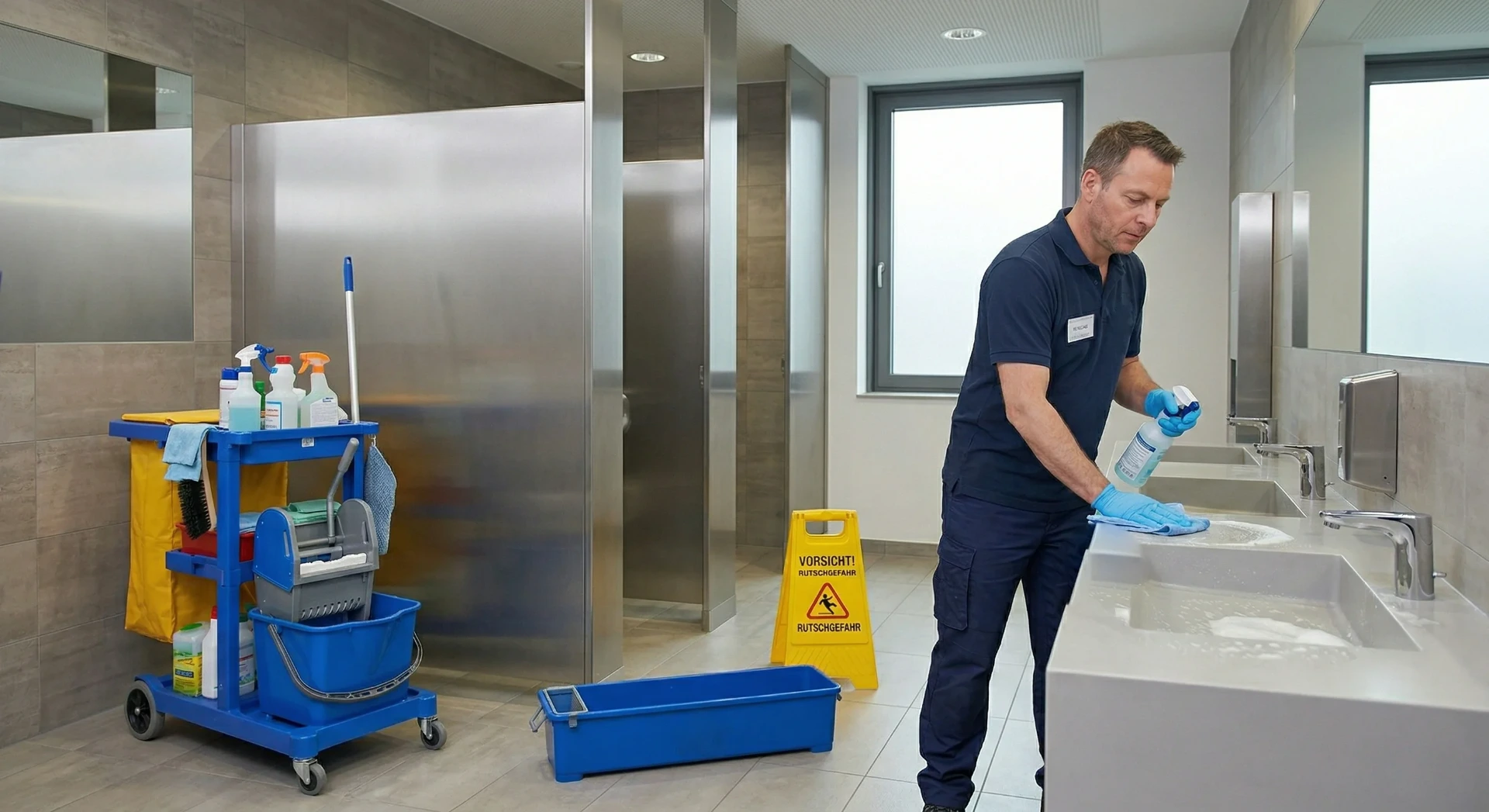 Reinigung von Sanitäranlagen Hamburg Mitarbeiter des Facility-Managements reinigt das die Sanitäranlagen in einem Gewerbeobjekt.