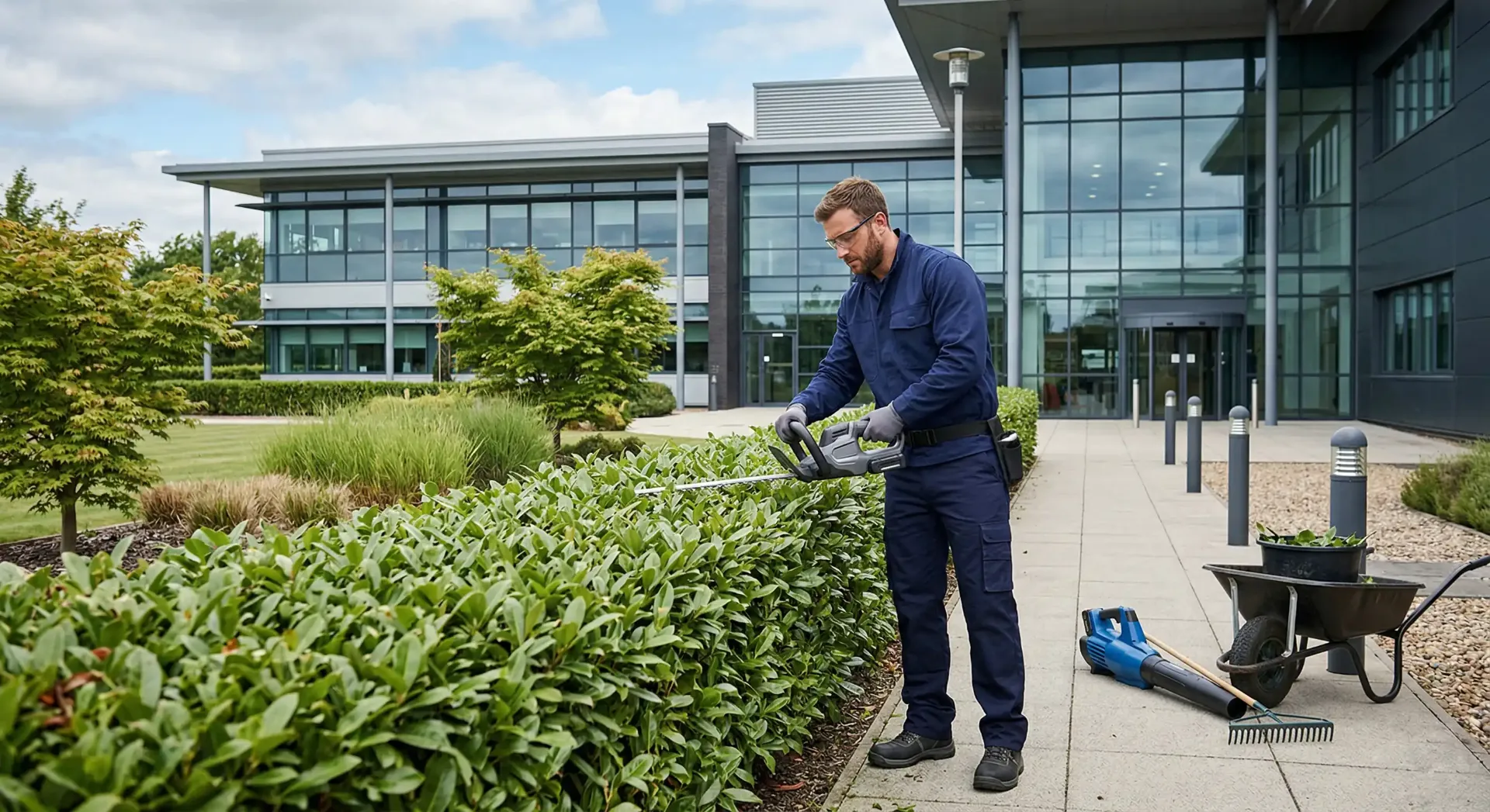 Mitarbeiter des Gebäudemanagements schneidet die Hecke am Firmengelände