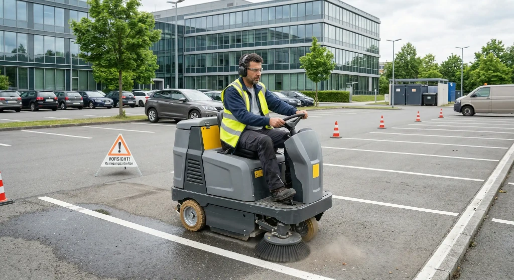 Parkplatzreinigung Hamburg Mitarbeiter des Gebäudemanagements macht die Parkplätze sauber am Firmengelände.