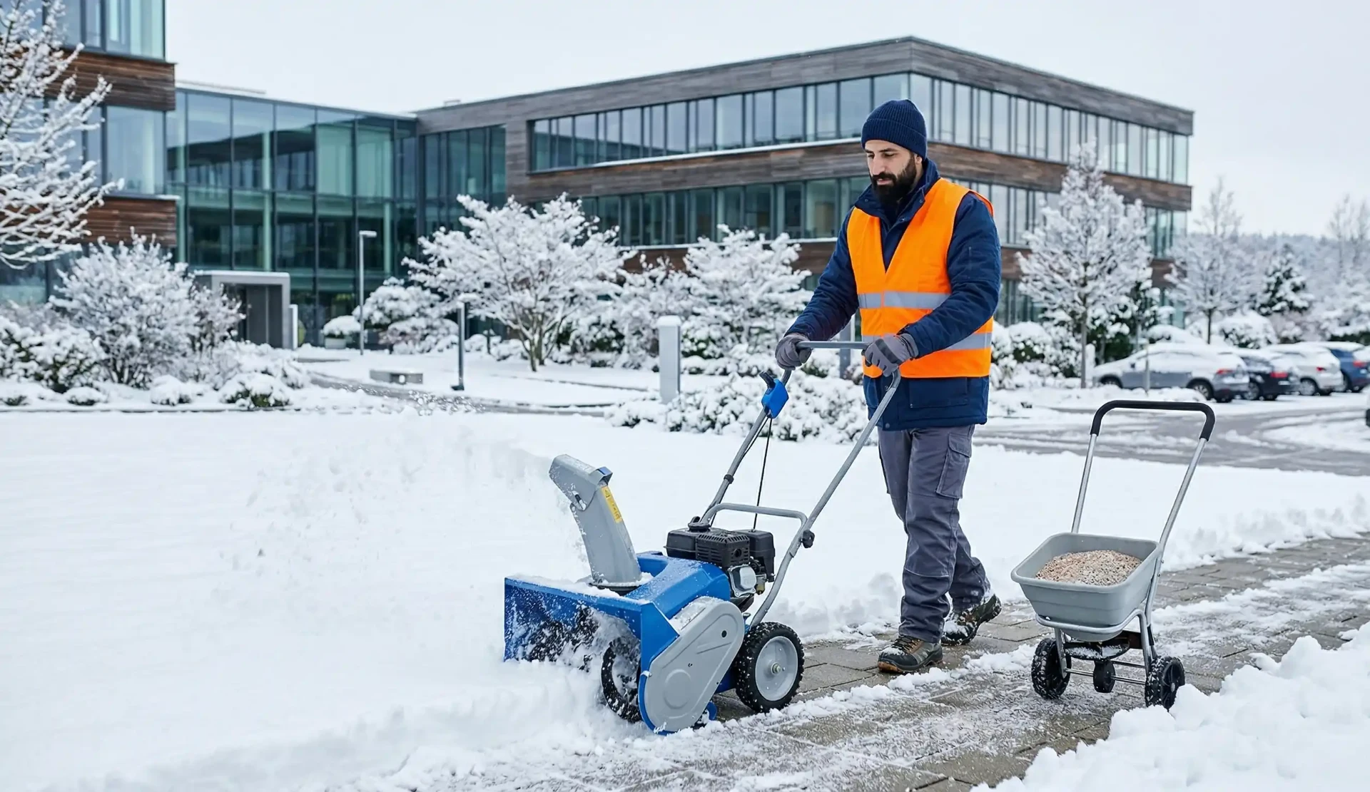 Mitarbeiter des Gebäudemanagements fuehrt den Winterdienst durch am Firmengelände.