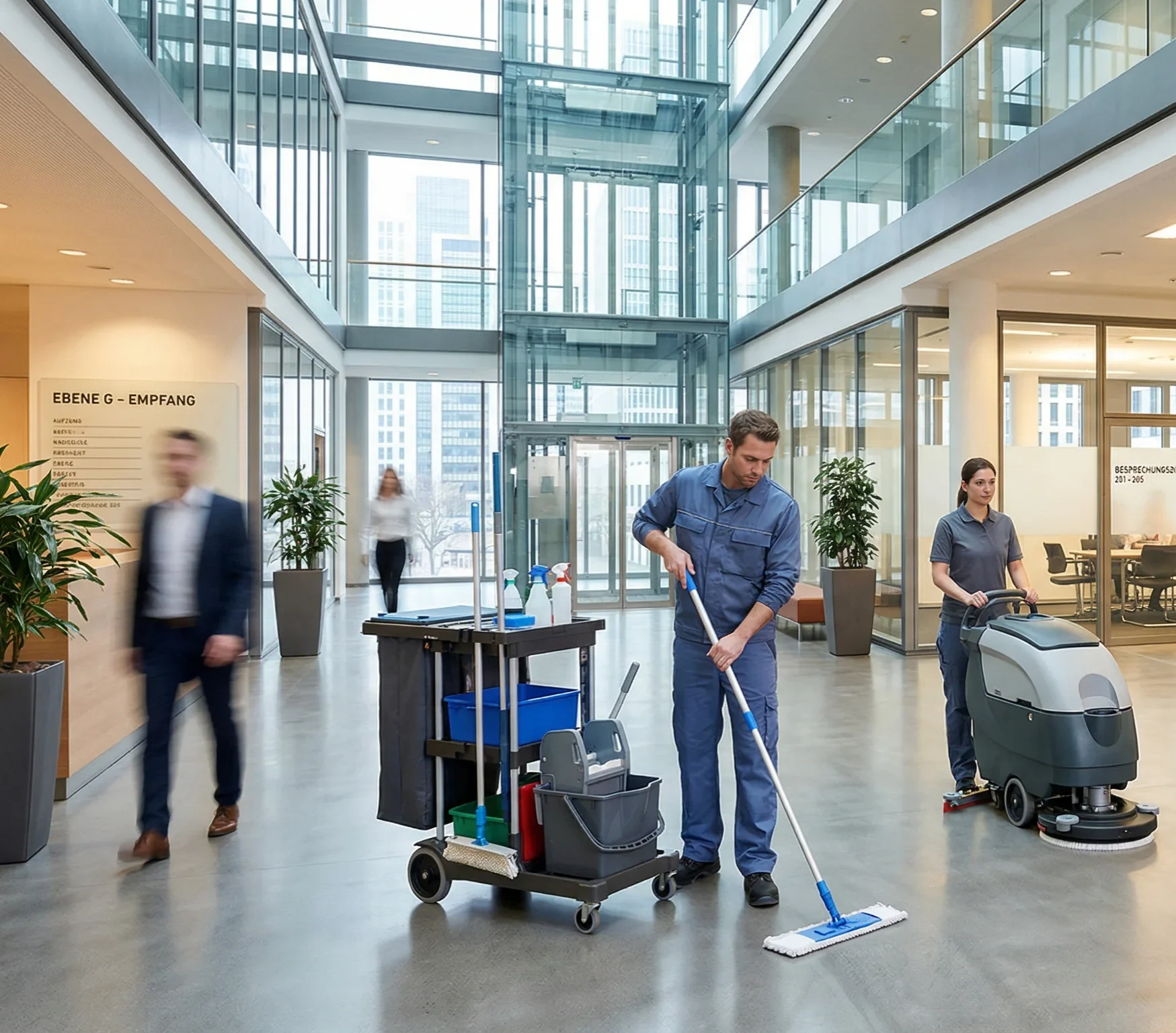 Mitarbeiter des Facility-Managements einigen den Eingangsbereich einer Gewerbeimmobilie.