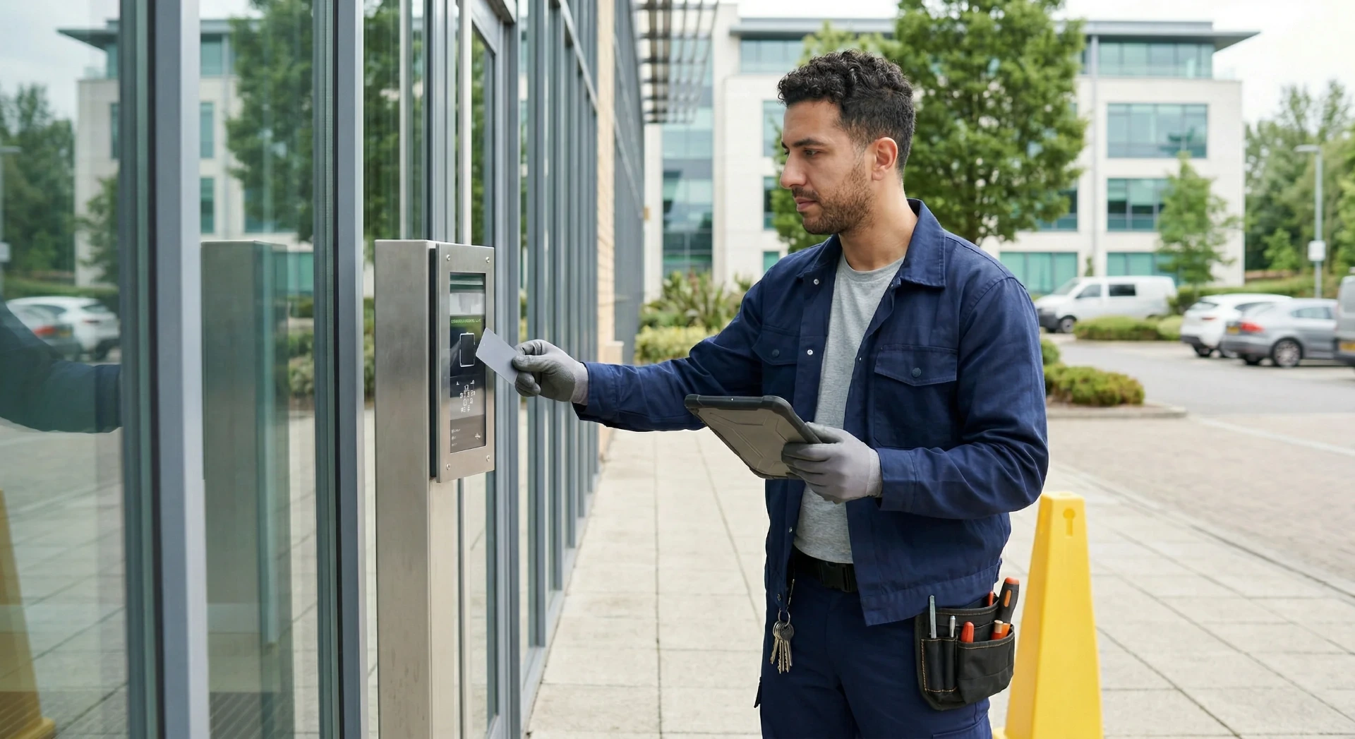 Ein Mitarbeiter vom Facility Management überprüft ein Chip-Lesegerät auf einem Firmengelände 