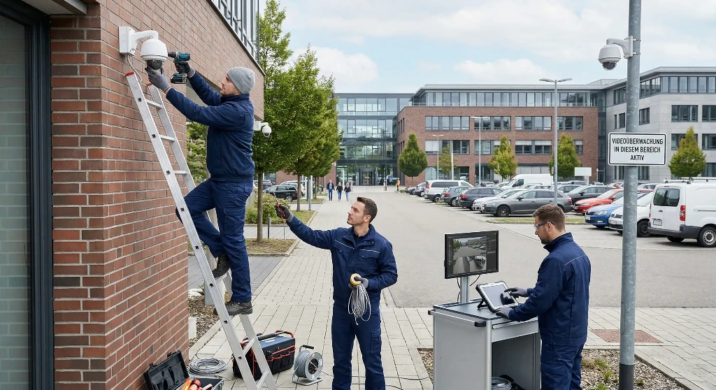 Mitarbeiter vom Facility Management installieren Videoüberwachung auf einem Firmengelände 