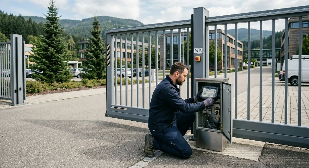 Ein Mitarbeiter vom Facility Management überpürft ein automatisches Zufahrtstor auf einem Firmengelände 