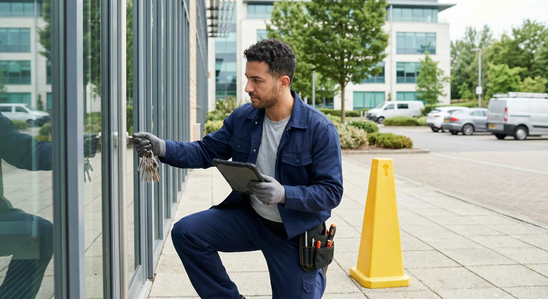 Ein Mitarbeiter vom Facility Management führt eine Überprüfung der Schließanlage auf einem Firmengelände durch