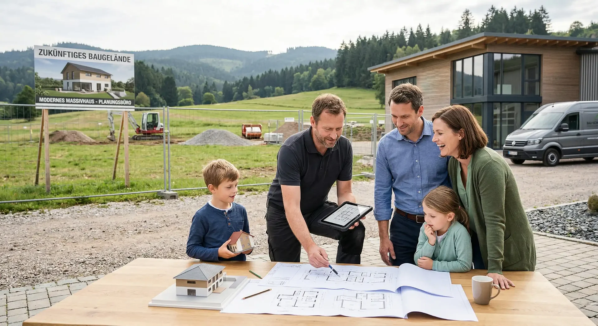 Baupartner berät eine Familie zum Bau ihres Eigenheims